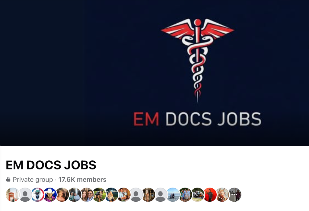 Screenshot of EM Docs Jobs Facebook Group showing 17,600 active Emergency Medicine physicians looking for jobs